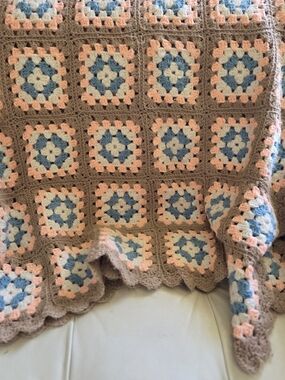 Vintage Crochet Granny Square Blanket Throw 71x51 Brown Peach Blue Handmade Boho